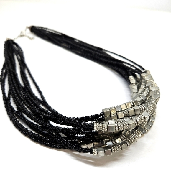 Unique Black Seed Bead Multi-Strand Necklace Silver-Tone Accents Boho - Picture 1 of 6